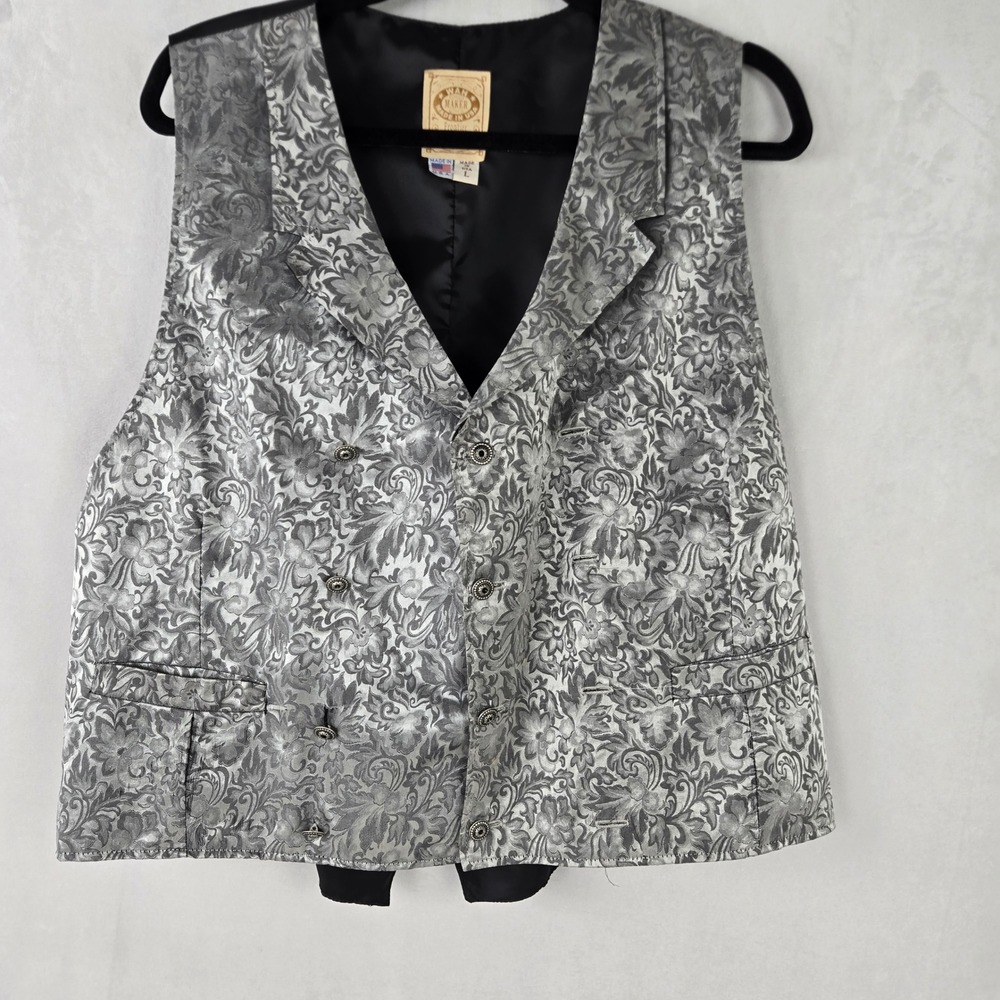 Wah Maker Frontier Clothing Men Silver Floral Brocade Double Breasted Vest L USA